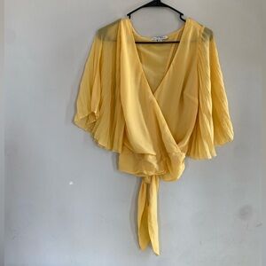 Yellow Pleated Sleeve Wrap Blouse